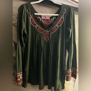 Johnny Was JWLA Green Embroidered Cotton Peasant Boho Top SZ Medium